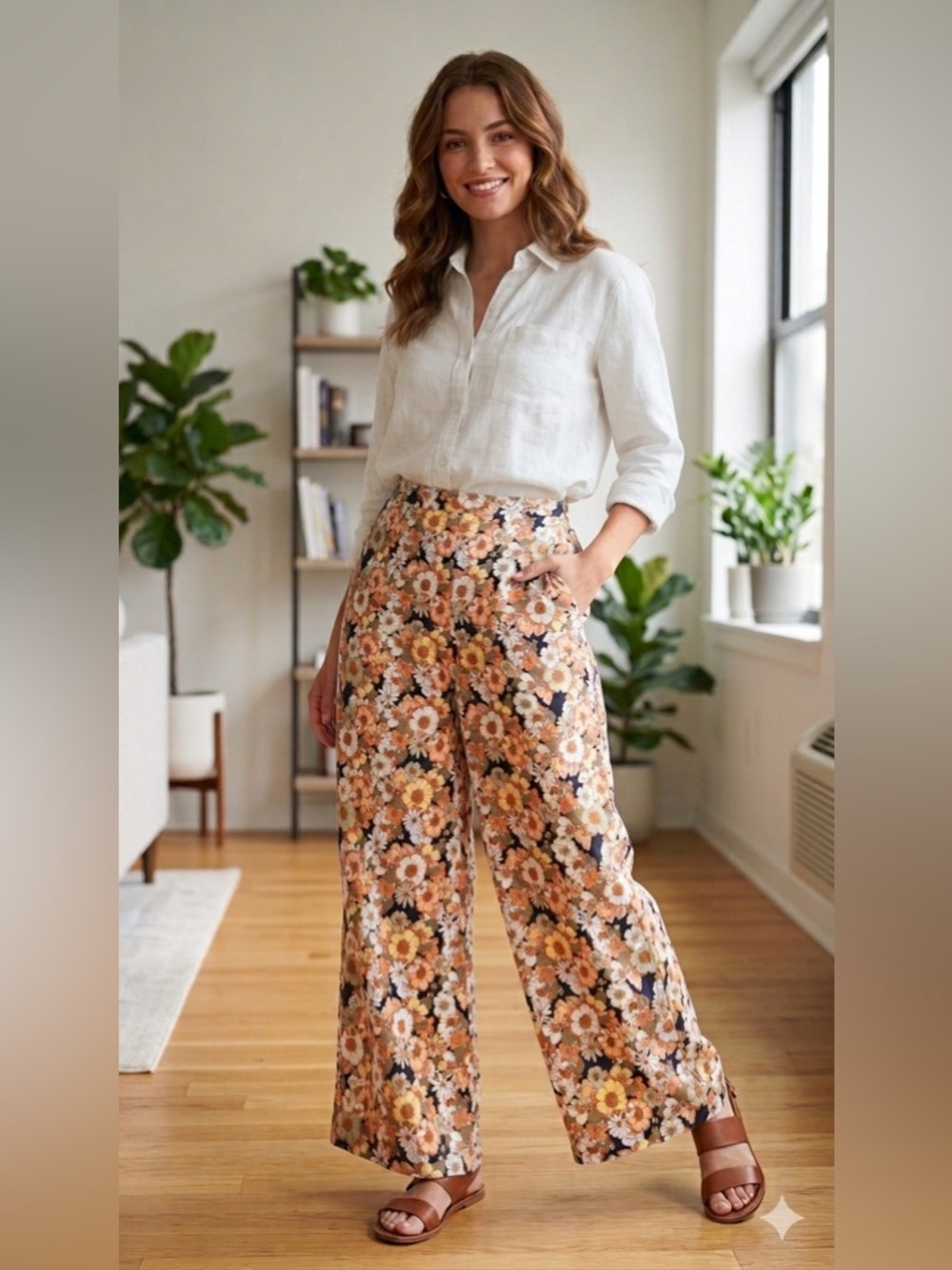 Floral High-Rise Wide-Leg Pants in Yellow, Orange & Tan 50% Linen